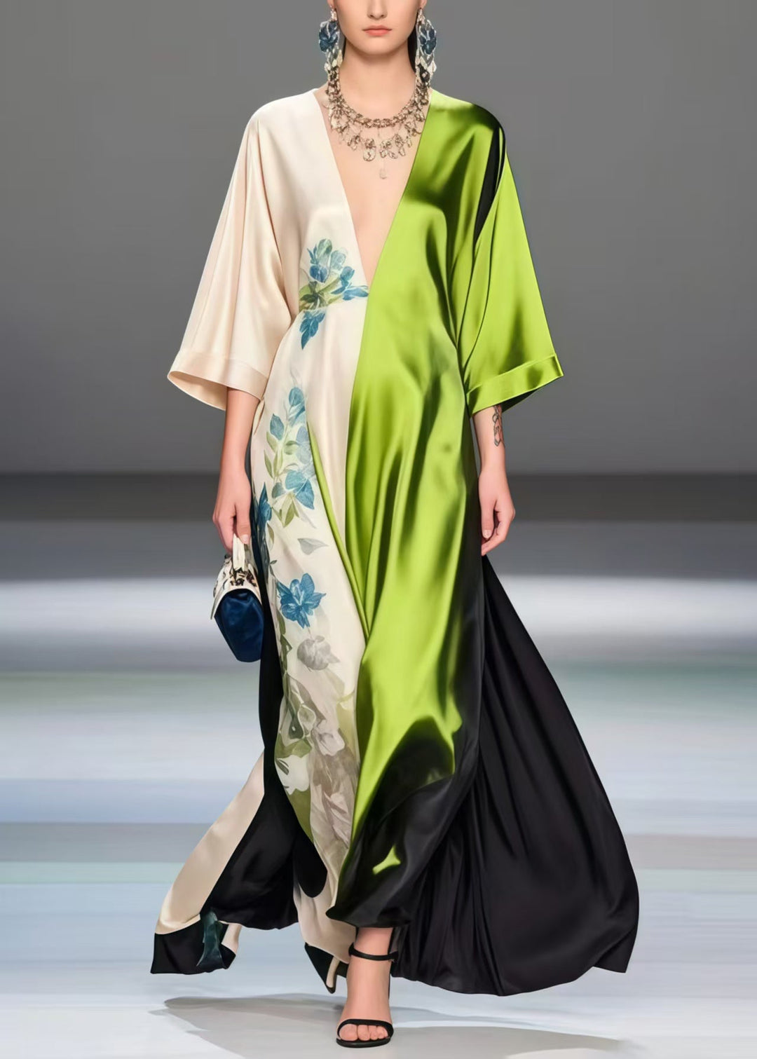 Art Deep-V Neck Patchwork Exra Large Hem Silk Long Dress Bracelet Sleeve