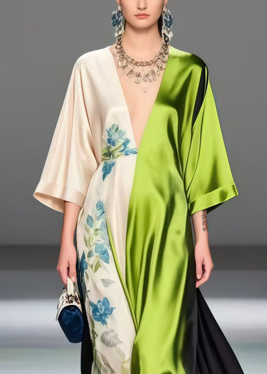 Art Deep-V Neck Patchwork Exra Large Hem Silk Long Dress Bracelet Sleeve