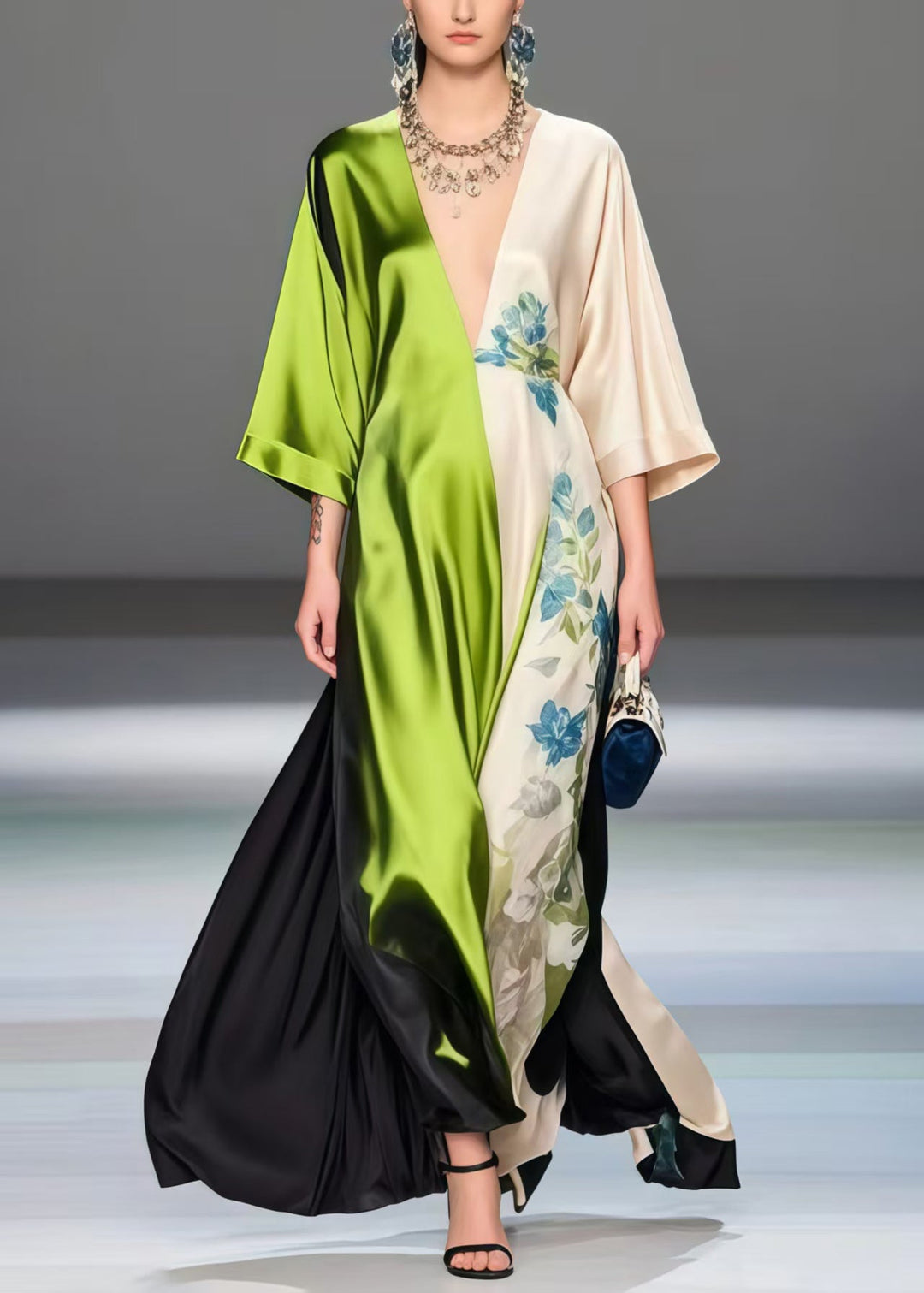 Art Deep-V Neck Patchwork Exra Large Hem Silk Long Dress Bracelet Sleeve