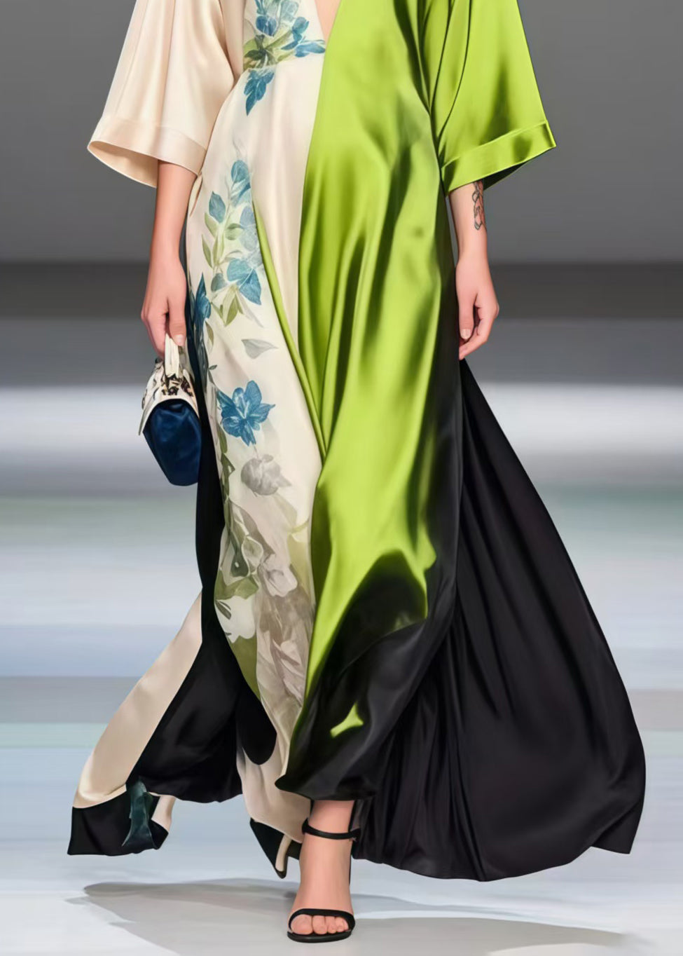 Art Deep-V Neck Patchwork Exra Large Hem Silk Long Dress Bracelet Sleeve