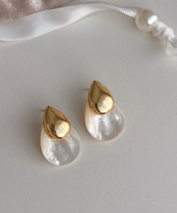 Art Gold Sterling Silver Alloy Shell Water Droplet Stud Earrings