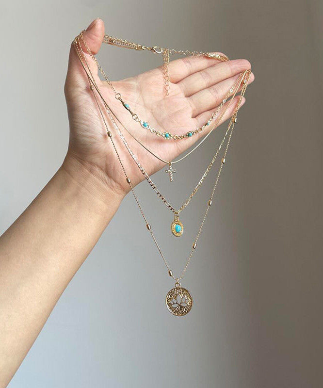 Art Gold Sterling Silver Overgild Turquoise Hollow Out Layered Tassel Pendant Necklace