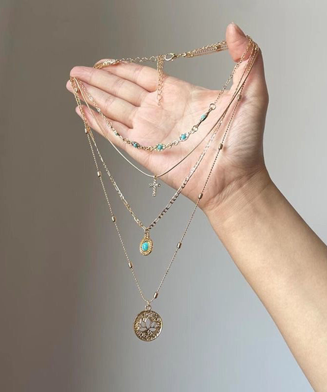 Art Gold Sterling Silver Overgild Turquoise Hollow Out Layered Tassel Pendant Necklace