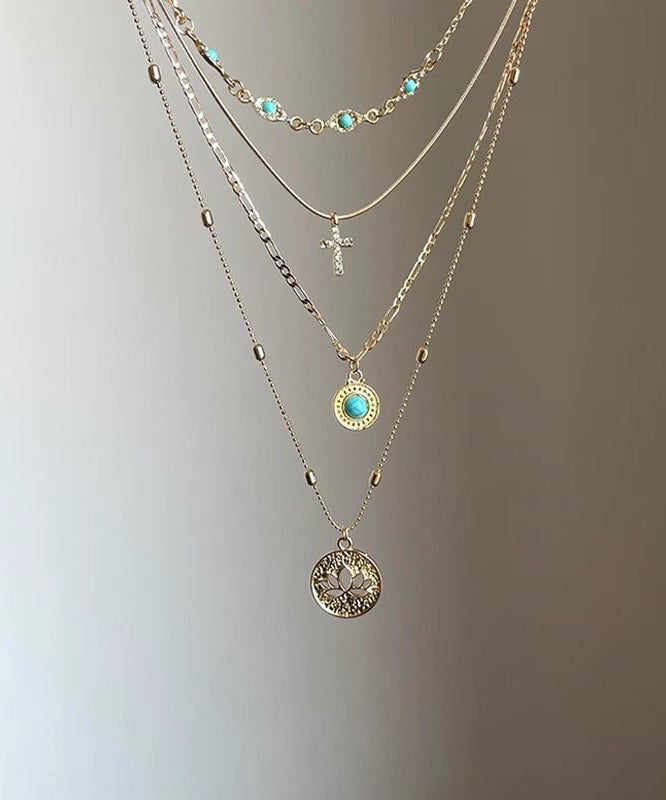 Art Gold Sterling Silver Overgild Turquoise Hollow Out Layered Tassel Pendant Necklace