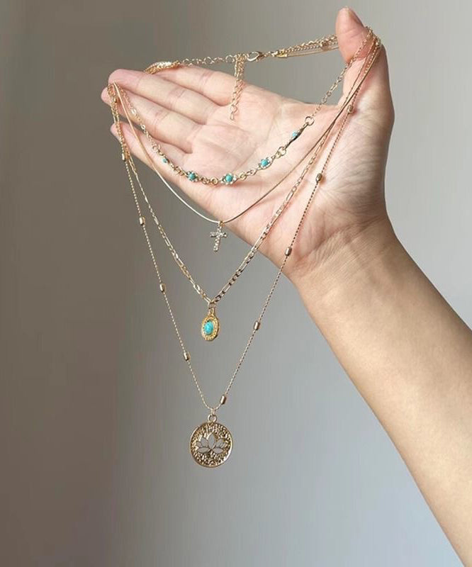 Art Gold Sterling Silver Overgild Turquoise Hollow Out Layered Tassel Pendant Necklace