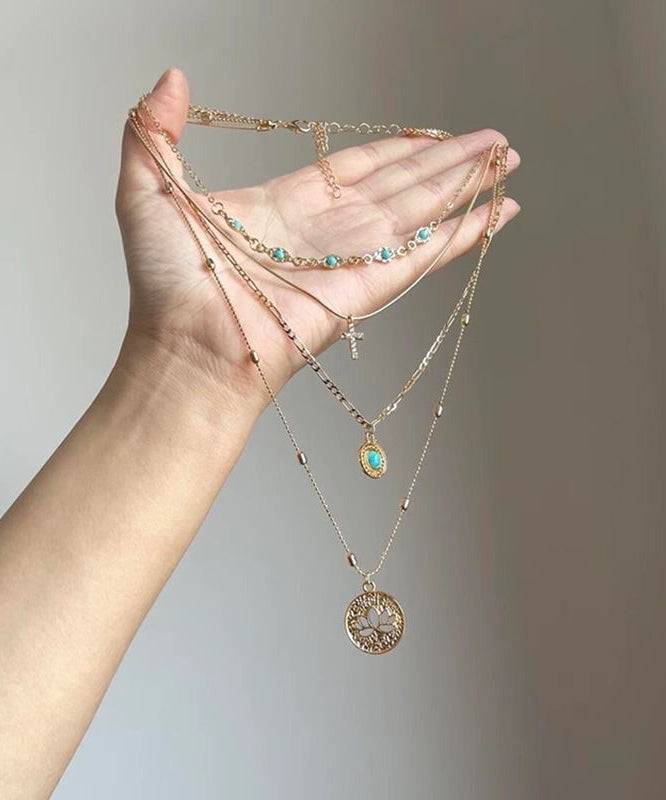 Art Gold Sterling Silver Overgild Turquoise Hollow Out Layered Tassel Pendant Necklace