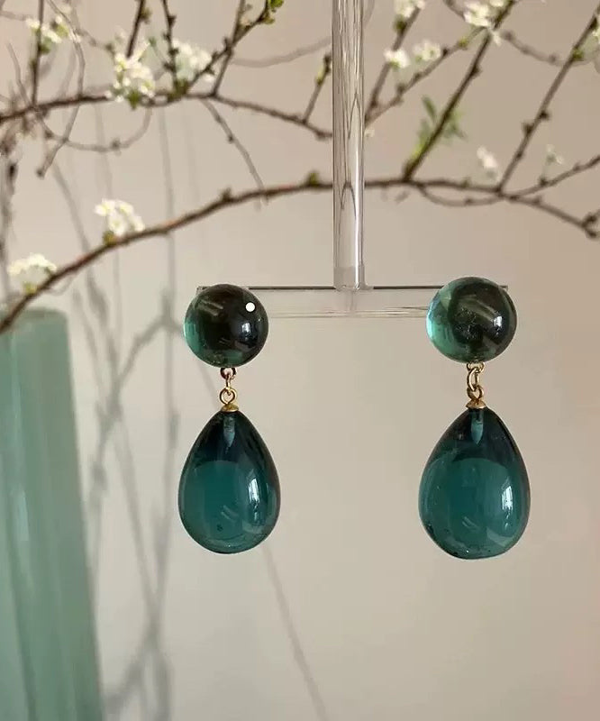 Art Green Alloy Gem Stone Water Droplet Drop Earrings