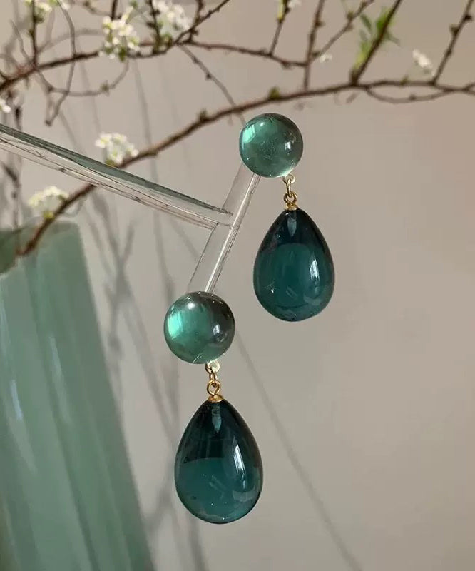 Art Green Alloy Gem Stone Water Droplet Drop Earrings