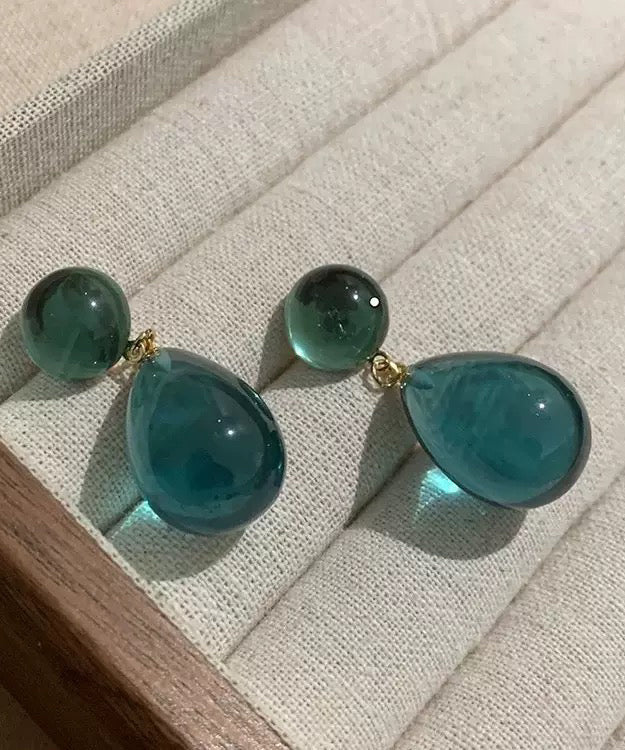 Art Green Alloy Gem Stone Water Droplet Drop Earrings