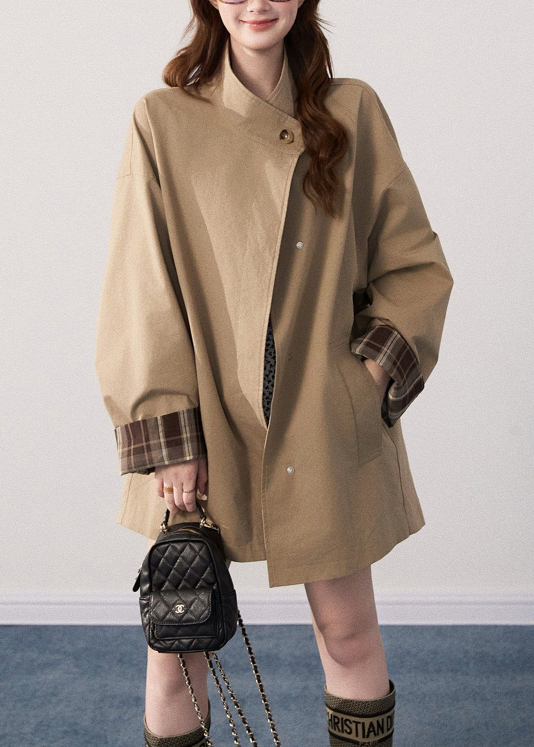 Art Khaki Stand Collar Oversized Cotton Trench Coats Fall