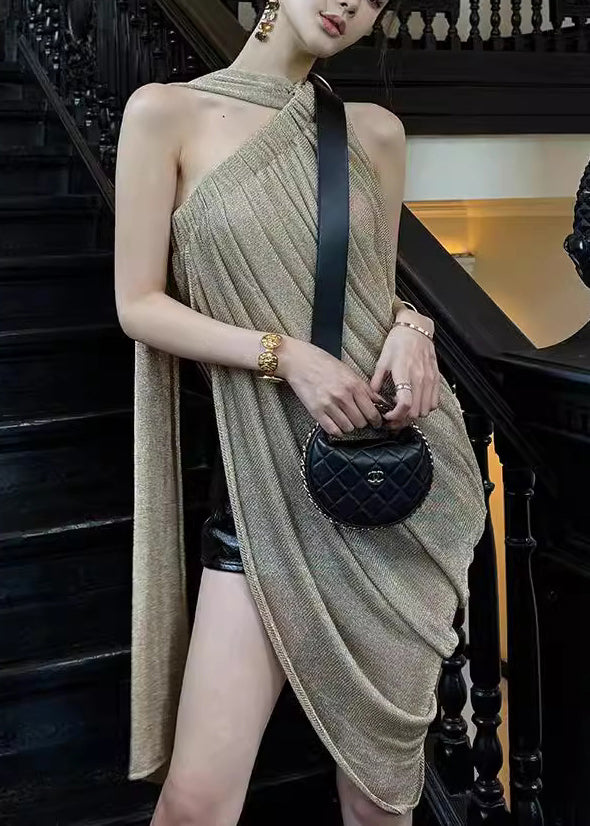 Art Light Green Asymmetrical Wrinkled One Shoulder Silk Top Sleeveless