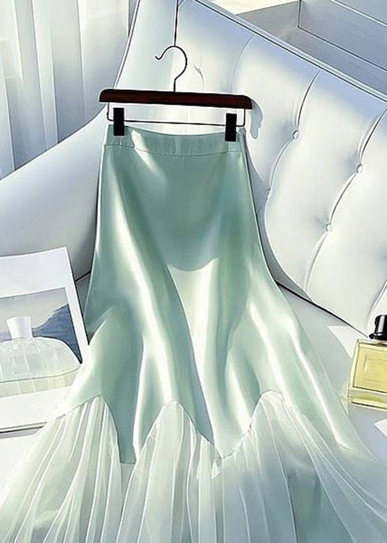 Art Light Green High Waist Tulle Patchwork Silk Maxi Skirt Summer