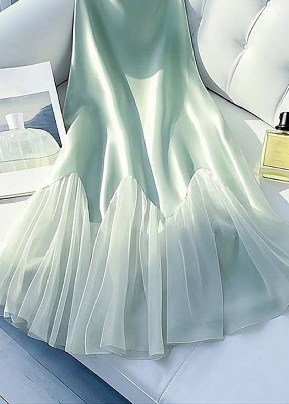 Art Light Green High Waist Tulle Patchwork Silk Maxi Skirt Summer