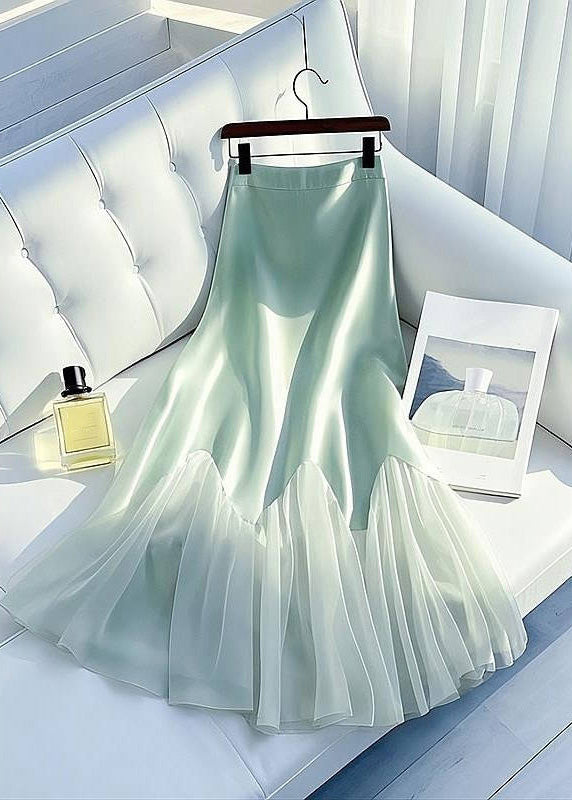 Art Light Green High Waist Tulle Patchwork Silk Maxi Skirt Summer