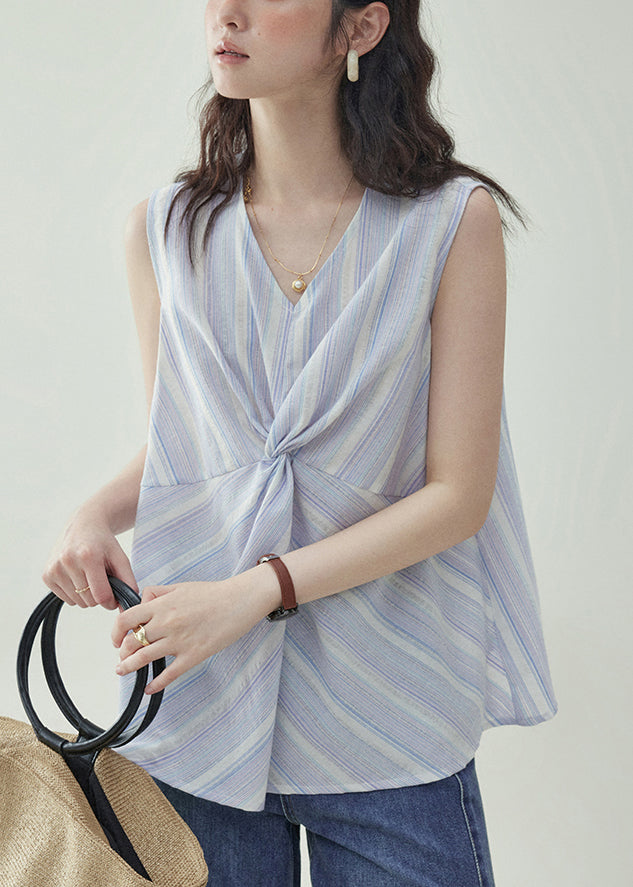 Art Light Purple V Neck Striped Cotton Tank Sleeveless