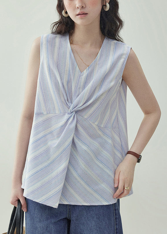 Art Light Purple V Neck Striped Cotton Tank Sleeveless