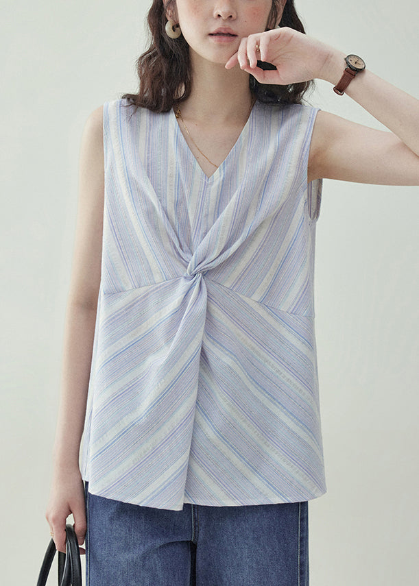 Art Light Purple V Neck Striped Cotton Tank Sleeveless