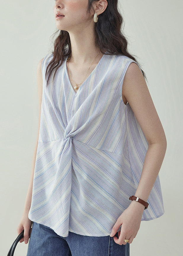 Art Light Purple V Neck Striped Cotton Tank Sleeveless