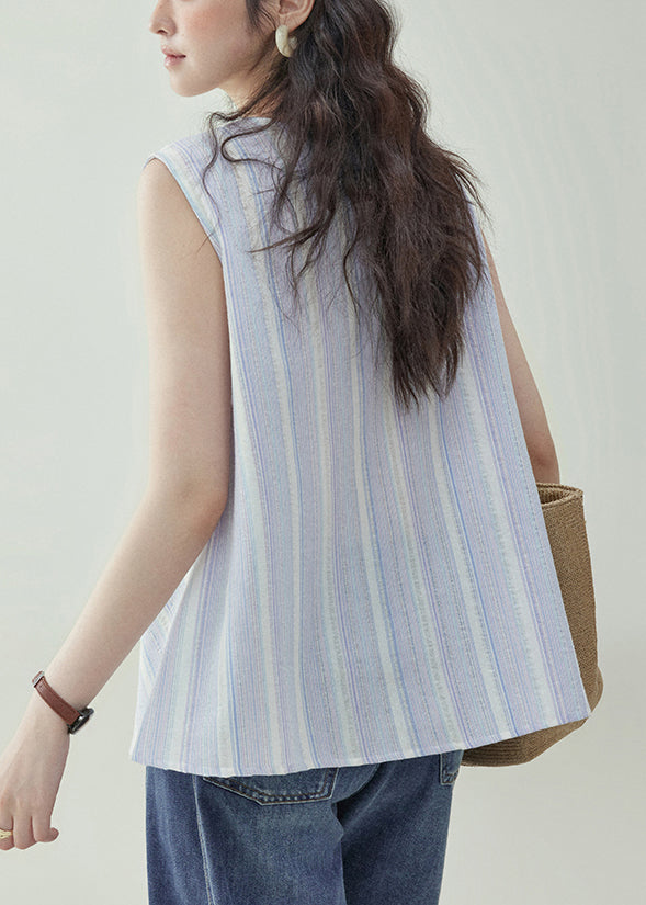 Art Light Purple V Neck Striped Cotton Tank Sleeveless