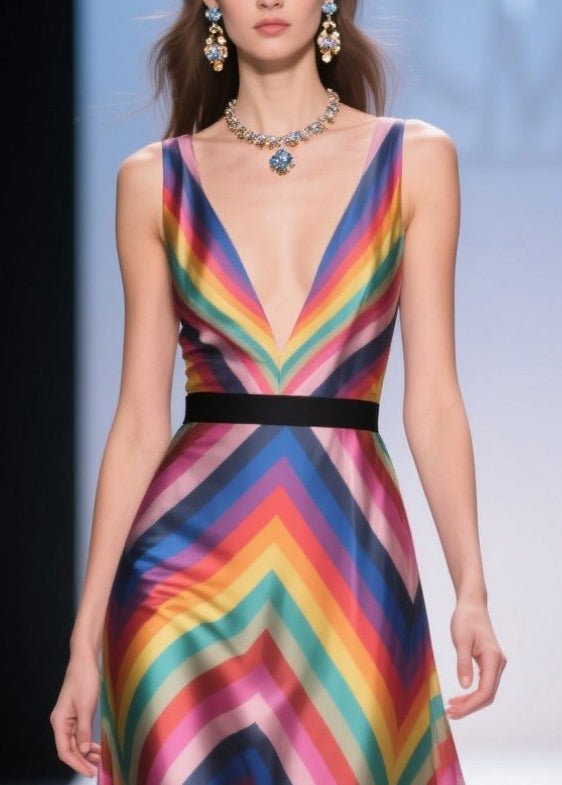 Art Multicolour Striped Patchwork Flower Lace Silk Dress Summer