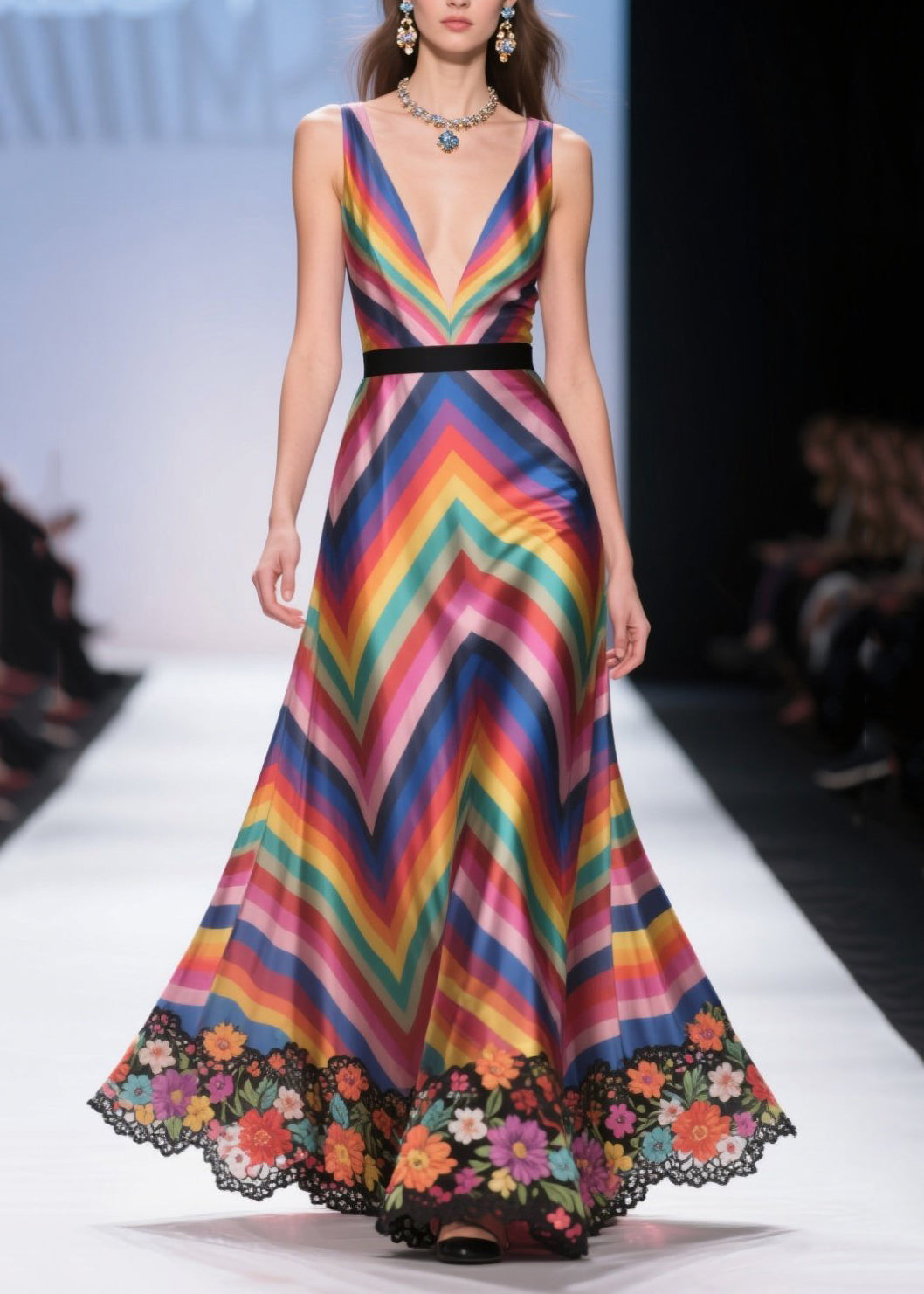 Art Multicolour Striped Patchwork Flower Lace Silk Dress Summer