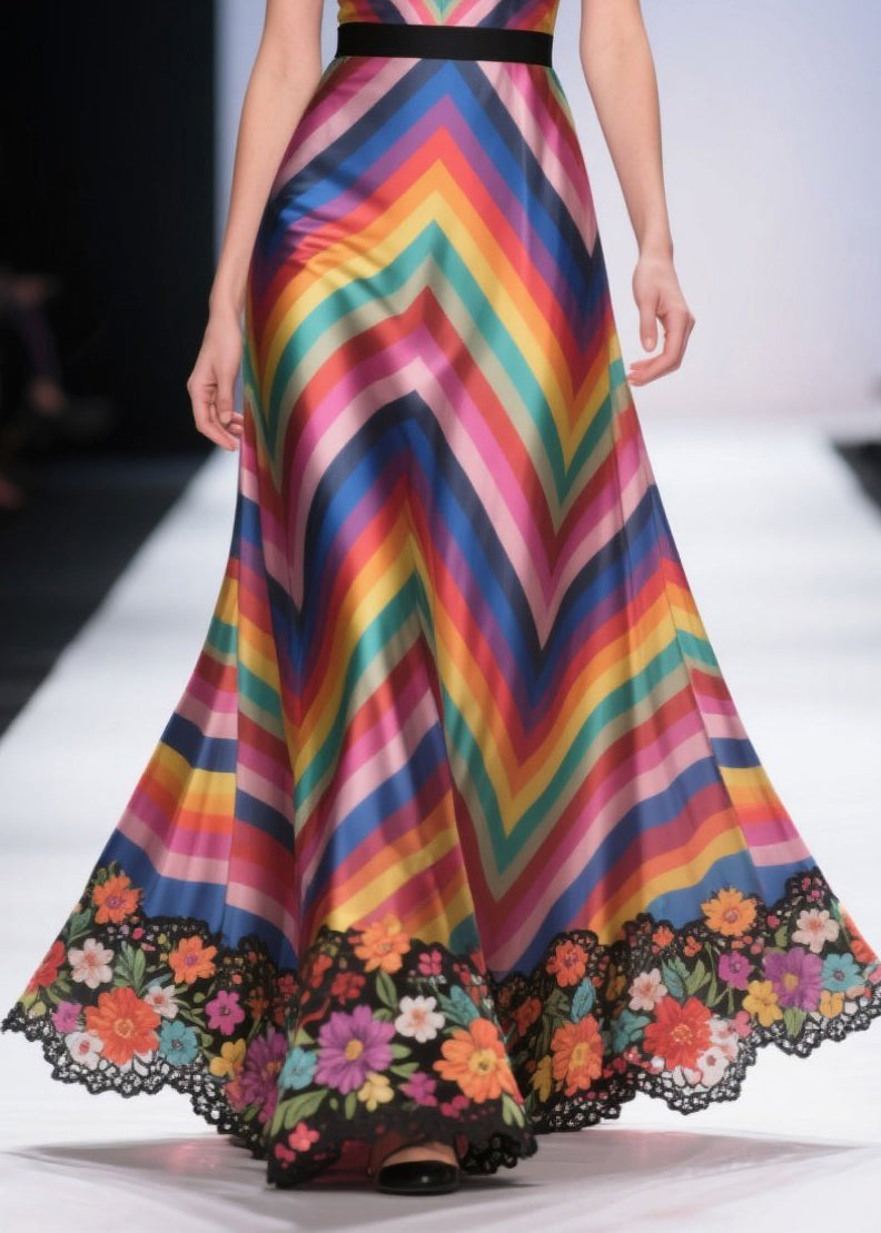 Art Multicolour Striped Patchwork Flower Lace Silk Dress Summer