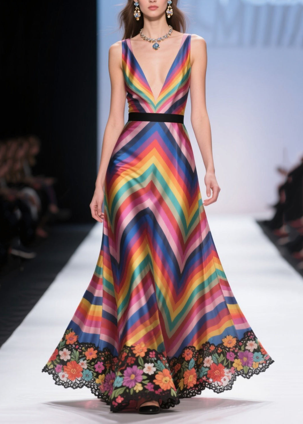 Art Multicolour Striped Patchwork Flower Lace Silk Dress Summer