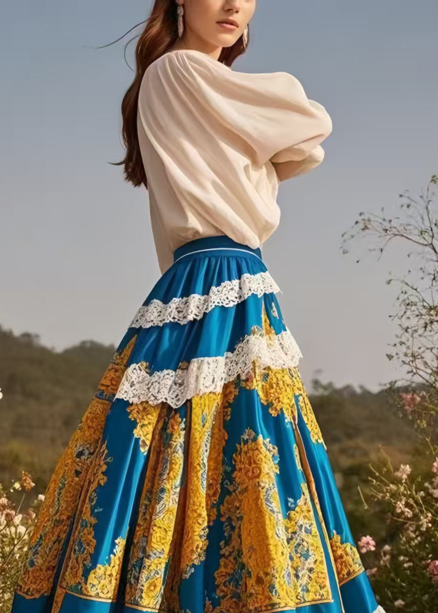 Art Peacock Blue Print Patchwork Lace Exra Large Hem Skirt Spring