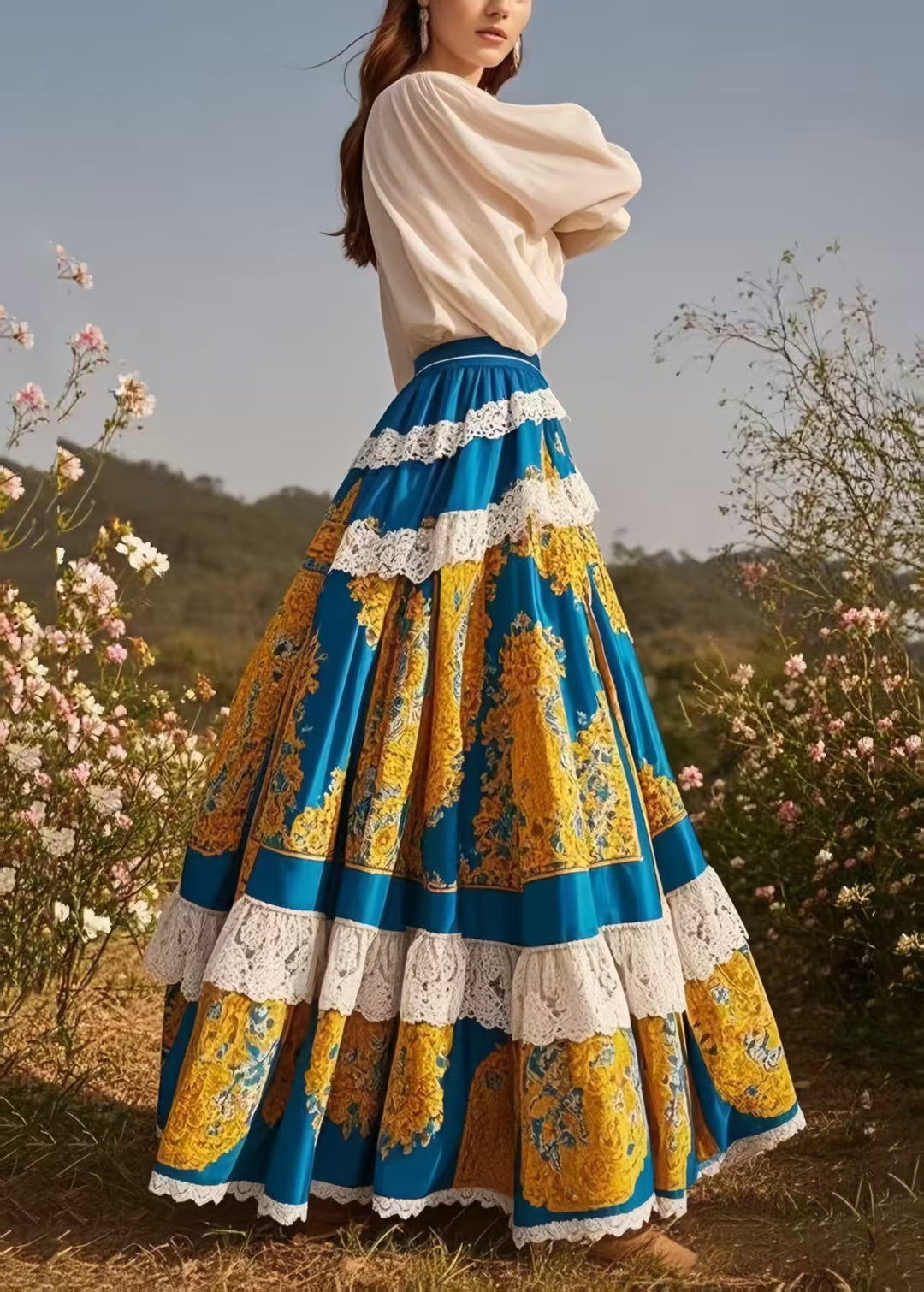 Art Peacock Blue Print Patchwork Lace Exra Large Hem Skirt Spring