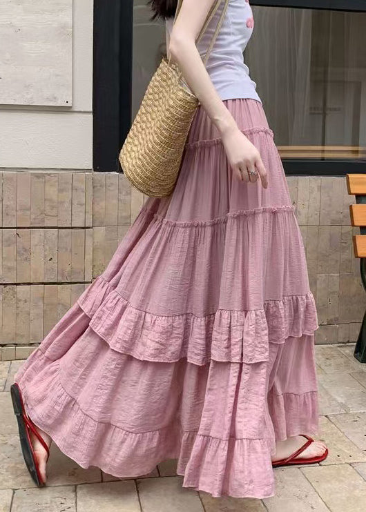 Art Pink Ruffled Elastic Waist Cotton Skirts Summer