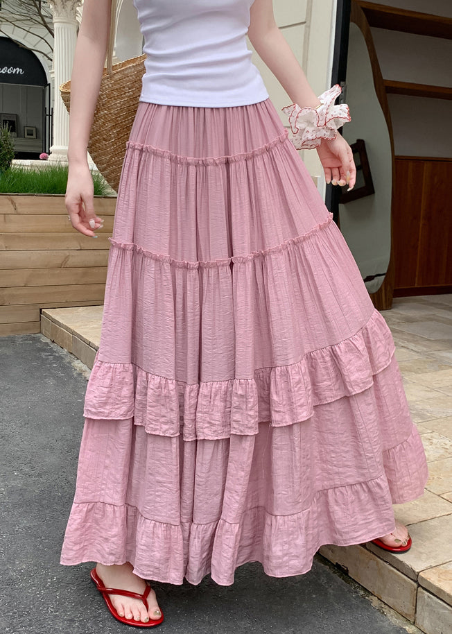 Art Pink Ruffled Elastic Waist Cotton Skirts Summer