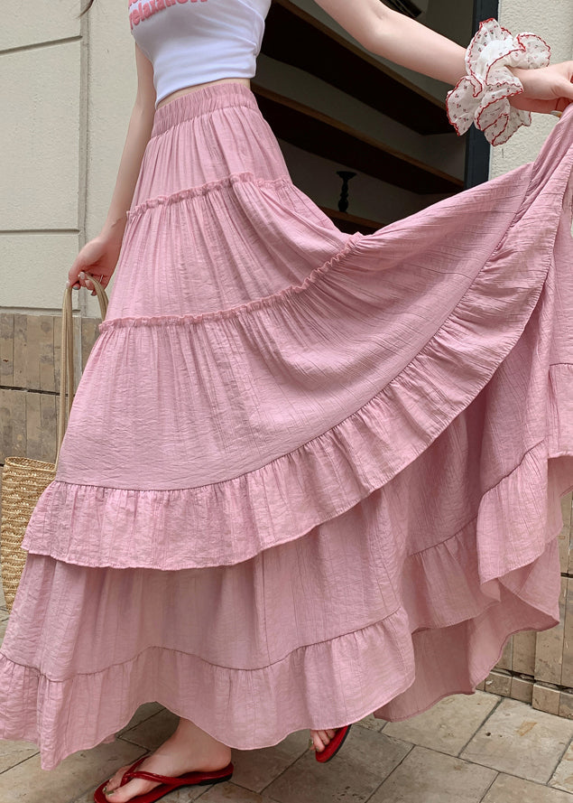 Art Pink Ruffled Elastic Waist Cotton Skirts Summer