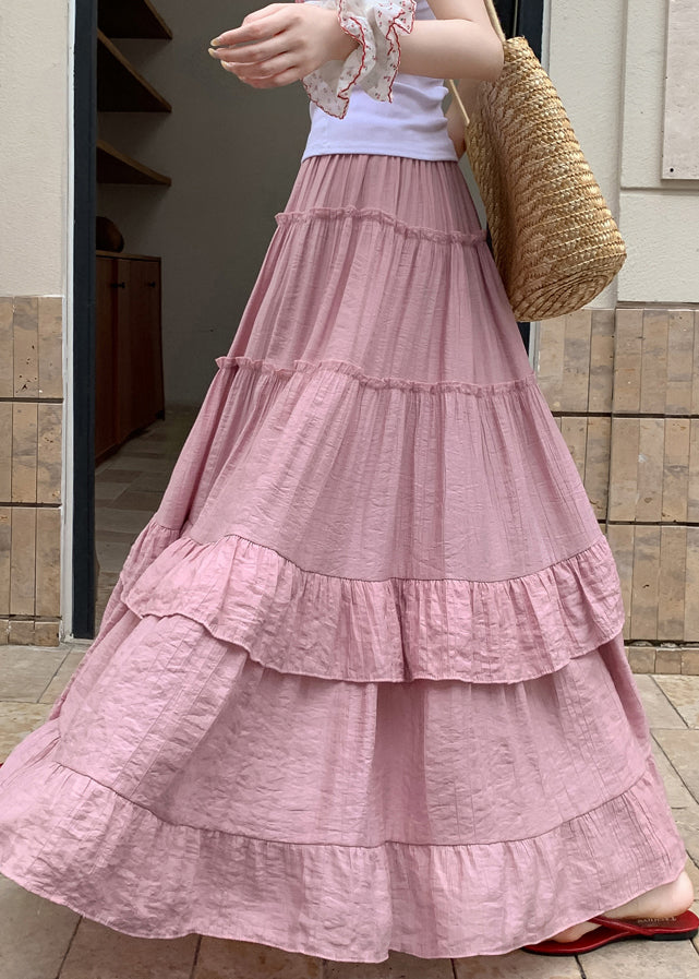 Art Pink Ruffled Elastic Waist Cotton Skirts Summer
