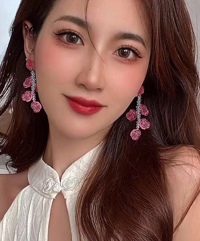 Art Red Acrylic Floral Crysta Drop Earrings