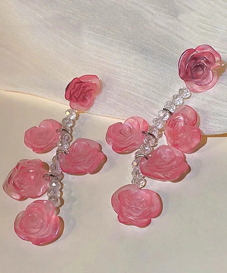 Art Red Acrylic Floral Crysta Drop Earrings