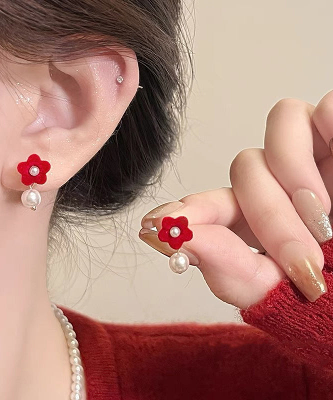 Art Red Silk Velvet Pearl Floral Stud Earrings
