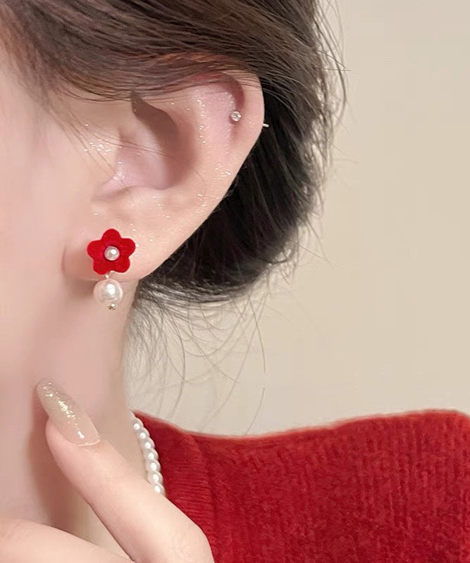 Art Red Silk Velvet Pearl Floral Stud Earrings