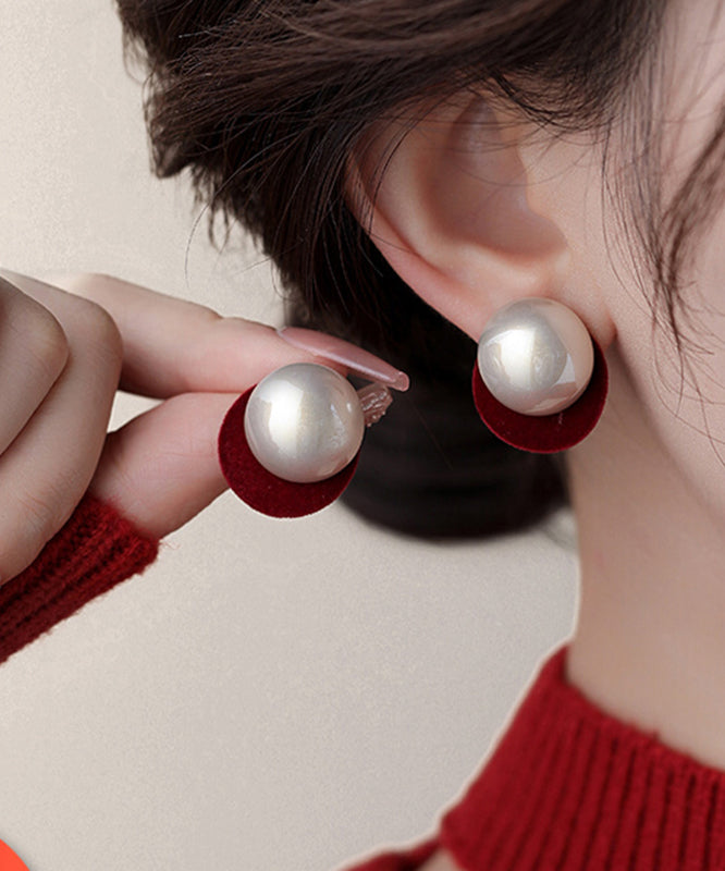 Art Red Sterling Silver Flocking Pearl Stud Earrings