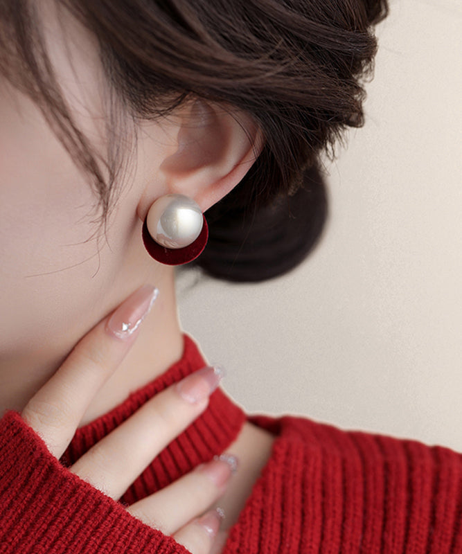 Art Red Sterling Silver Flocking Pearl Stud Earrings