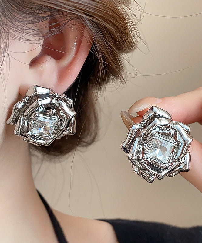 Art Silk Alloy Zircon Rose Stud Earrings