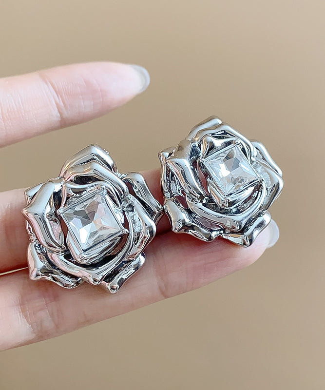 Art Silk Alloy Zircon Rose Stud Earrings
