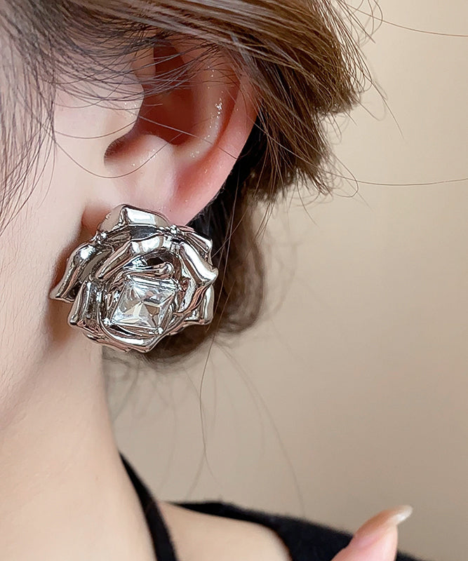 Art Silk Alloy Zircon Rose Stud Earrings