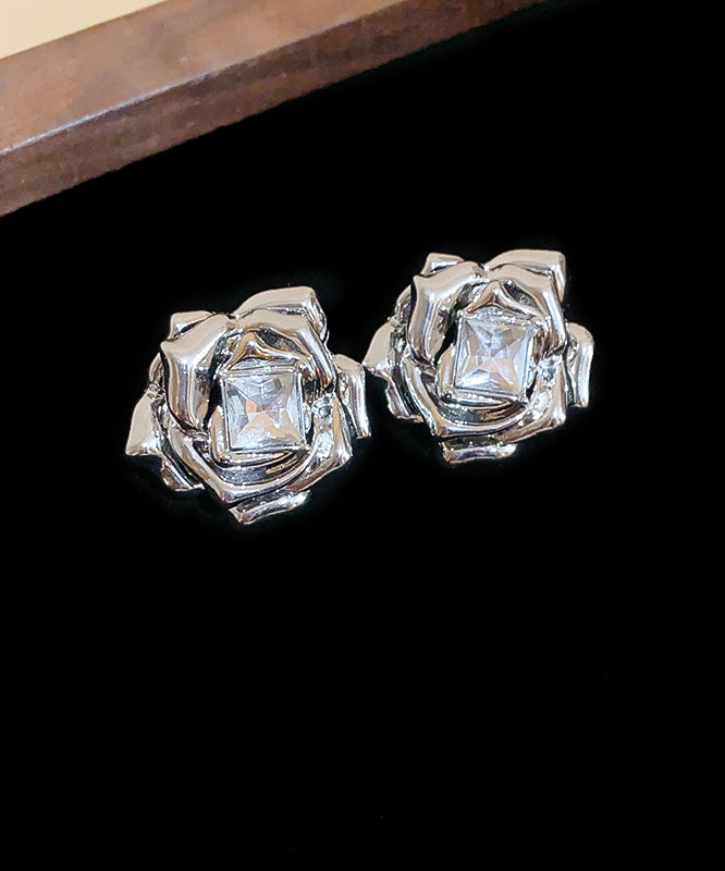 Art Silk Alloy Zircon Rose Stud Earrings