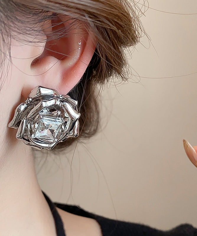 Art Silk Alloy Zircon Rose Stud Earrings