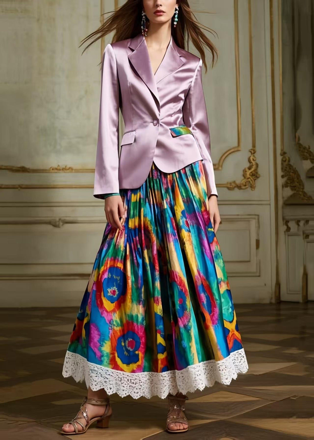 Art Tie Dye Lace Patchwork Exra Large Hem Silk Skirts Spring