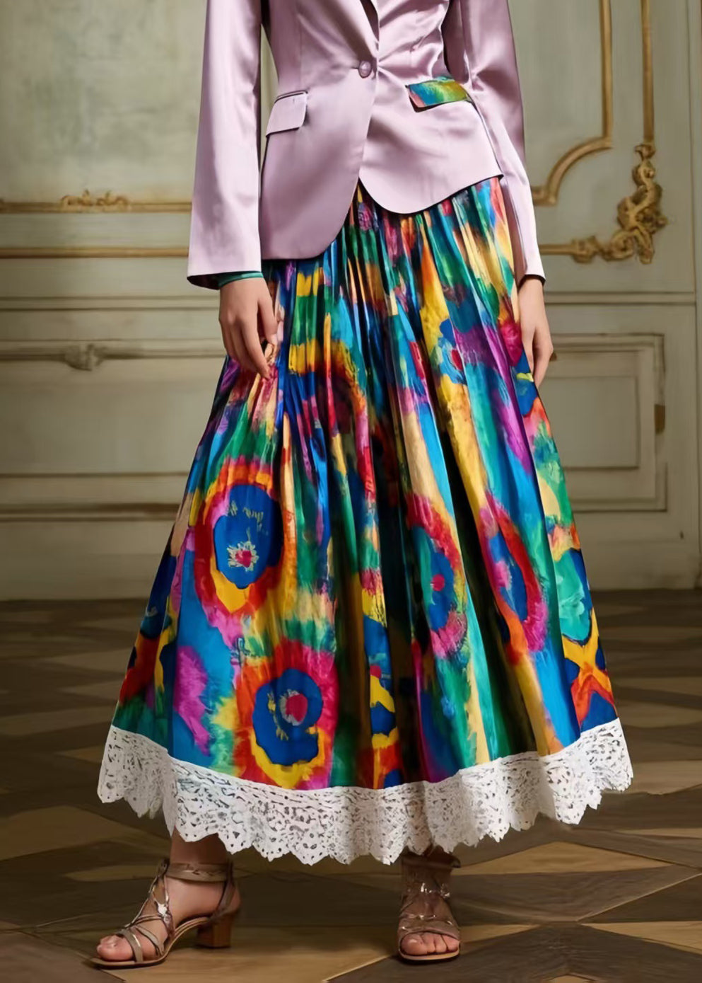 Art Tie Dye Lace Patchwork Exra Large Hem Silk Skirts Spring