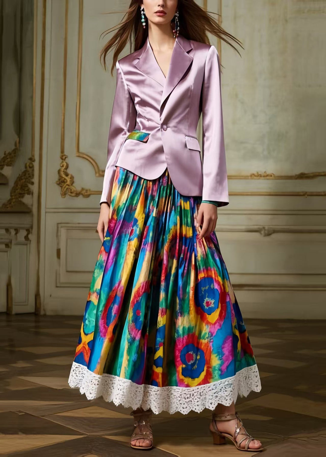 Art Tie Dye Lace Patchwork Exra Large Hem Silk Skirts Spring