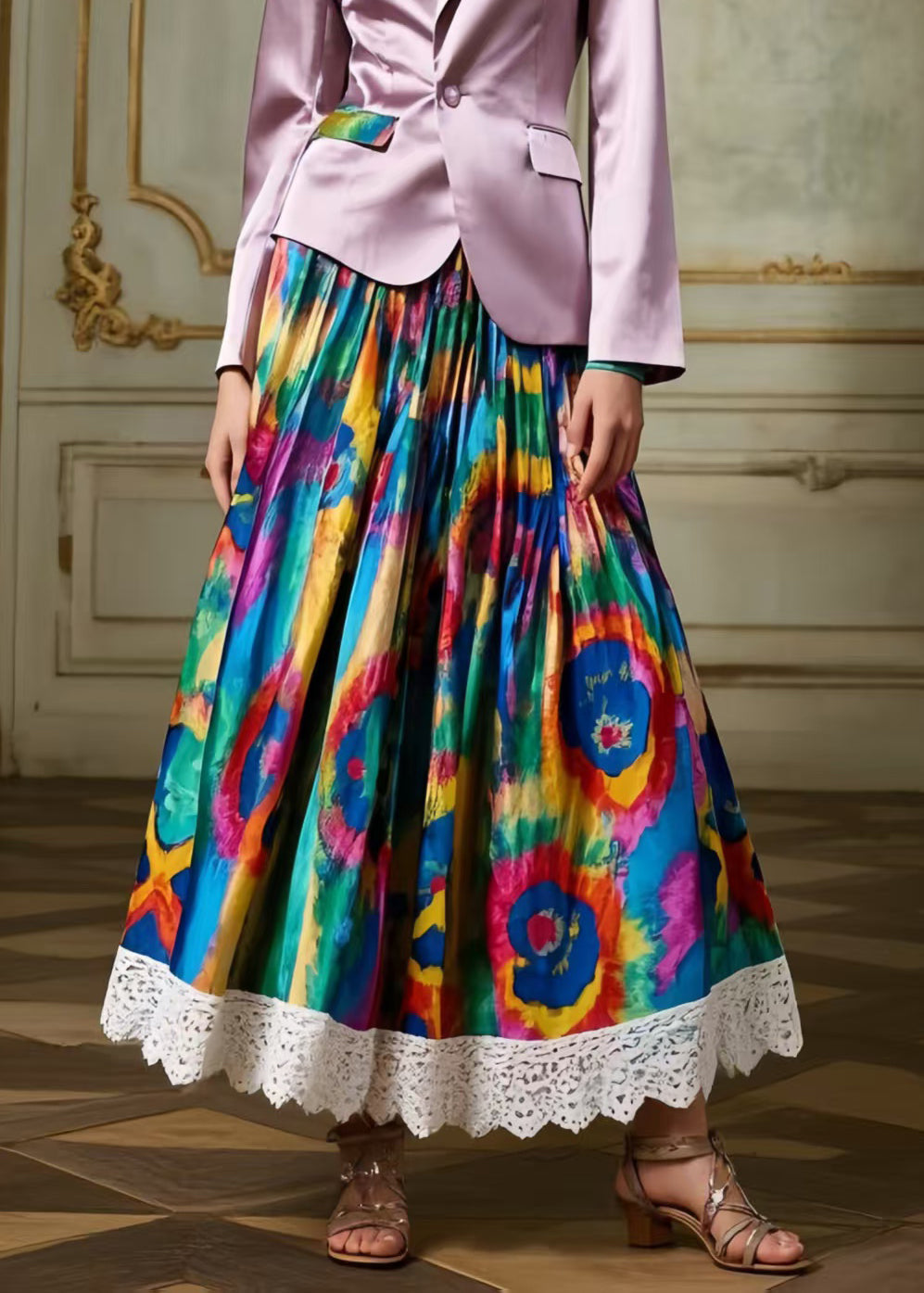 Art Tie Dye Lace Patchwork Exra Large Hem Silk Skirts Spring