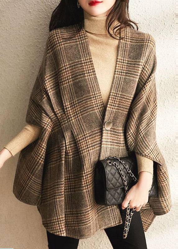 Art V Neck Button Plaid Woolen Coat Batwing Sleeve