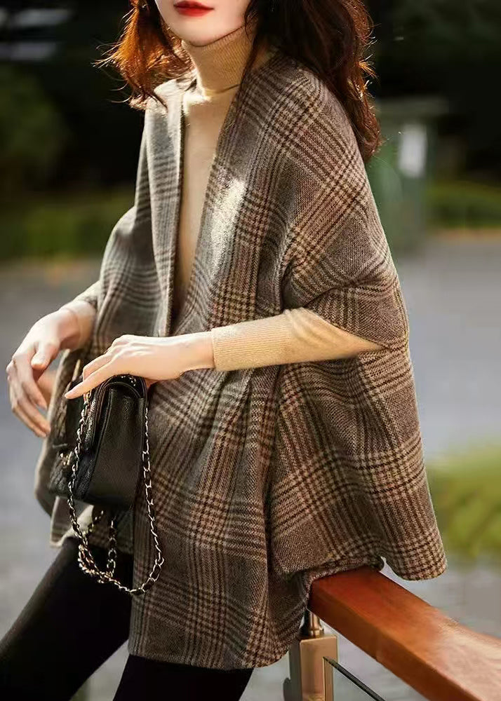 Art V Neck Button Plaid Woolen Coat Batwing Sleeve